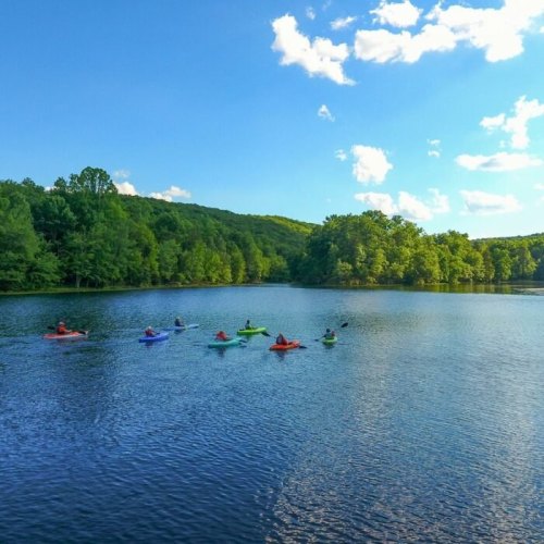 A serene lake with seven kayakers in colorful kayaks paddling under a blue sky with fluffy clouds and green trees.
