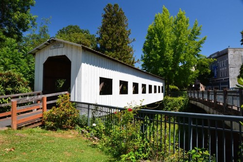 A white covered bridge surrounded by greenery and trees, with a clear blue sky above.