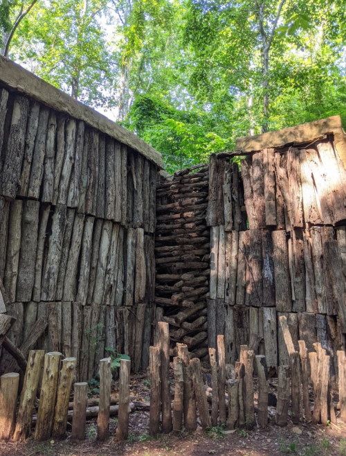 A rustic wooden structure made of logs, surrounded by trees, with a staircase of logs leading upward.