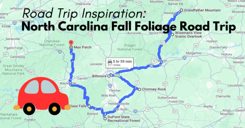 Map showing a North Carolina road trip route for fall foliage, featuring key stops like Max Patch and Chimney Rock.