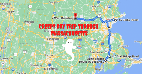 Map of Massachusetts highlighting a creepy day trip route with ghost graphic and key locations marked.