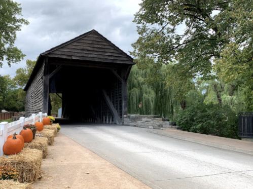 A covered bridge with a wooden structure, surrounded by trees and pumpkins on hay bales along the pathway.