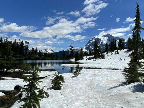 A snowy landscape with a serene lake, surrounded by evergreen trees and mountains under a blue sky with fluffy clouds.