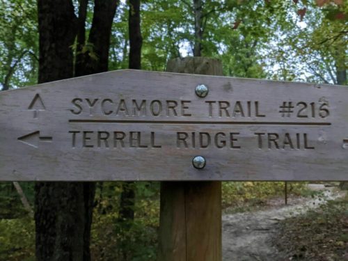 Wooden trail sign indicating directions for Sycamore Trail #216 and Terrell Ridge Trail in a wooded area.