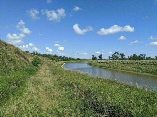 A serene river winding through lush green grass under a bright blue sky with fluffy white clouds.