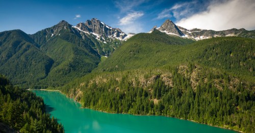 Colonial Peak, home to Colonial Creek Falls, sits above Diablo Lake in North Cascades National Park.