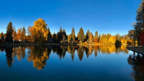 A serene lake reflecting vibrant autumn trees under a clear blue sky.
