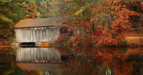 A rustic covered bridge surrounded by vibrant autumn foliage reflecting in a calm pond.
