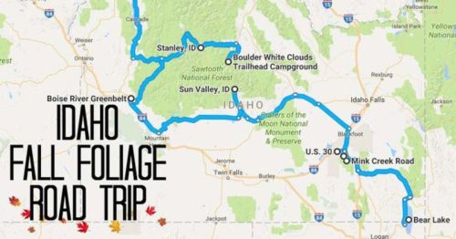Map of Idaho highlighting a fall foliage road trip route, featuring key locations like Stanley, Bear Lake, and Sun Valley.