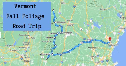 Map of Vermont highlighting a fall foliage road trip route with key locations marked.