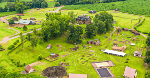 Aerial view of a rural landscape featuring a large house, small buildings, and green fields.
