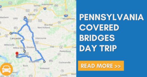 Map highlighting a scenic day trip route through Pennsylvania's covered bridges.