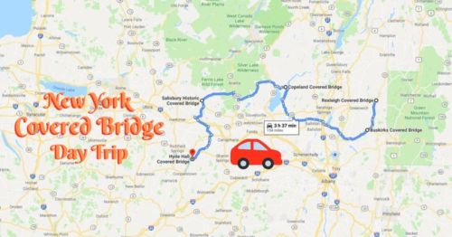 Map of a New York covered bridge day trip route, highlighting several bridges and a car icon.