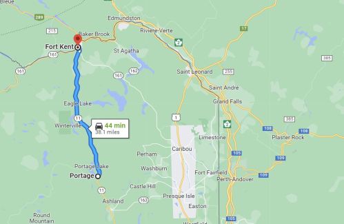 Map showing a route from Fort Kent to Portage Lake, covering 38.1 miles with an estimated travel time of 44 minutes.