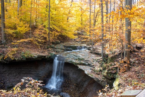 A serene waterfall cascades through a rocky landscape, surrounded by vibrant autumn foliage in a peaceful forest.