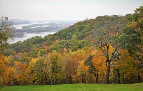 A scenic view of rolling hills covered in autumn foliage, overlooking a river in the distance under a cloudy sky.