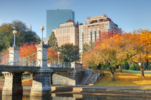 A scenic view of a park bridge with autumn foliage and buildings in the background under a clear blue sky.