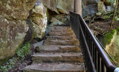 Stone steps lead up through a rocky landscape, flanked by greenery and a metal railing.