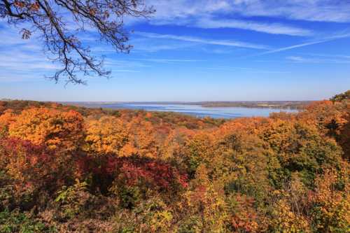 A scenic view of a river surrounded by vibrant autumn foliage under a clear blue sky.