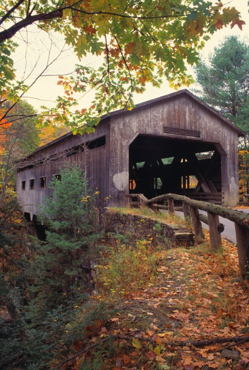 A rustic wooden covered bridge surrounded by autumn foliage and trees, with fallen leaves on the ground.