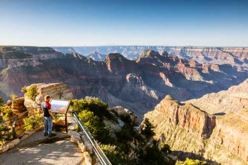 A person stands at a viewpoint overlooking the vast, colorful landscape of the Grand Canyon under a clear blue sky.