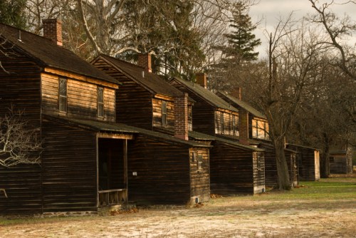 Row of rustic, dark wooden houses with brick chimneys, surrounded by bare trees and a grassy area under a cloudy sky.