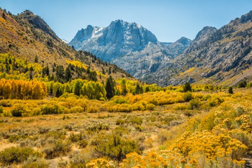 A scenic mountain landscape with vibrant autumn foliage and rugged peaks under a clear blue sky.