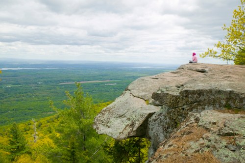 A person in a pink hoodie sits on a rocky ledge, overlooking a lush green valley under a cloudy sky.