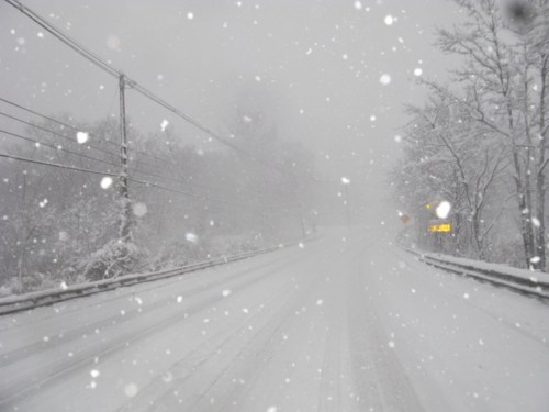 A snowy road scene with heavy snowfall, obscured visibility, and snow-covered trees lining the roadside.