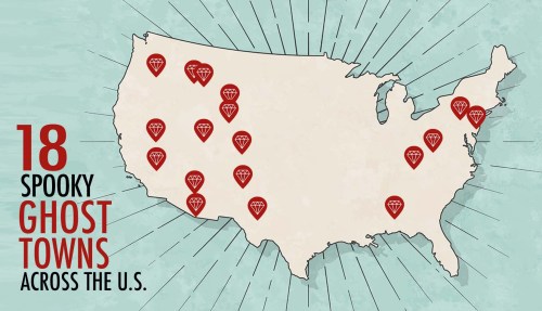 Map of the U.S. highlighting 18 spooky ghost towns with red diamond markers.