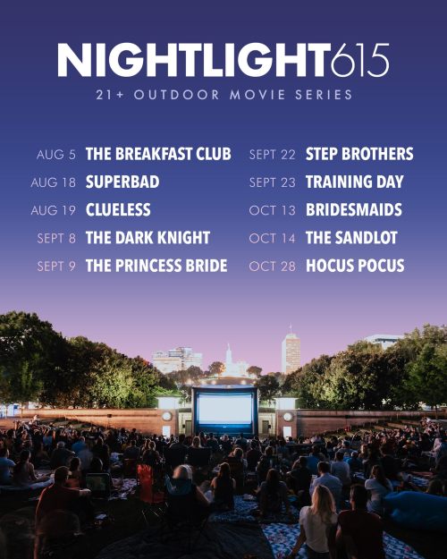 Outdoor movie series schedule featuring classic films from August to October, with dates and titles listed.