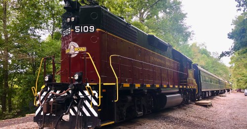 A vintage train engine in maroon and green parked among trees, with a passenger car visible behind it.