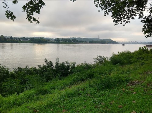 A calm river scene with green grass and trees along the bank, under a cloudy sky.