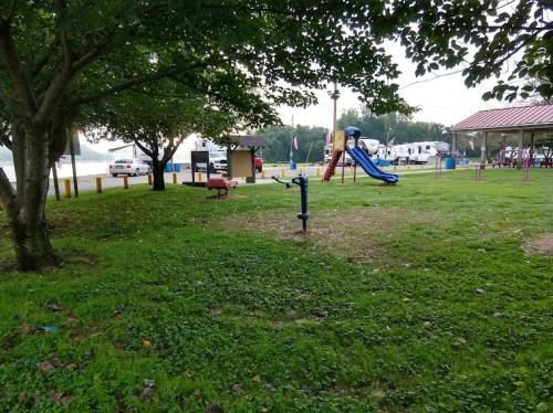 A grassy park area with a playground, picnic tables, and trees near a body of water.
