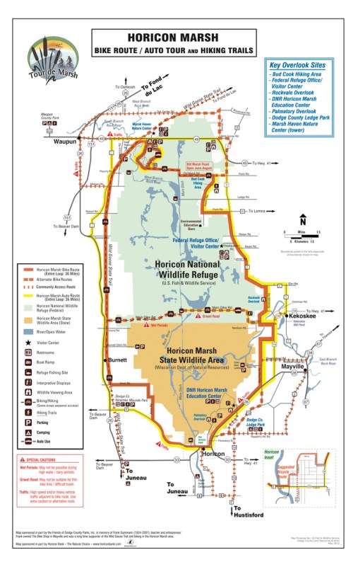 Map of Horicon Marsh showing bike routes, auto tours, and hiking trails, with key sites and areas highlighted.