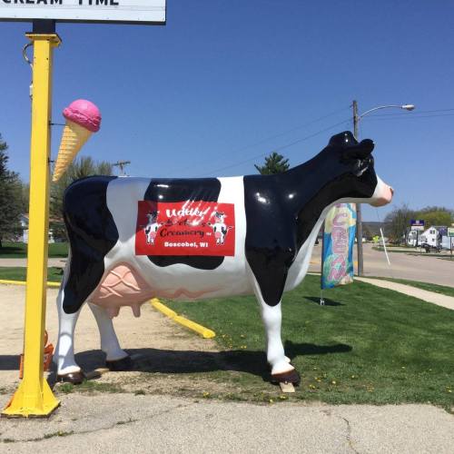 A large cow statue with an ice cream cone, advertising a creamery in Booboo, WI, under a sign that says "Ice Cream Time."