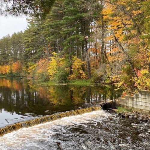 A serene river scene with autumn foliage reflecting on the water, featuring a small waterfall and lush trees.