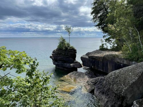 A rocky shoreline with a small tree growing on a large boulder, overlooking calm waters under a cloudy sky.