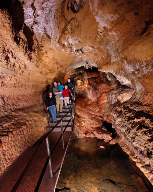A group of people stands on a walkway inside a cave, surrounded by rock formations and water.