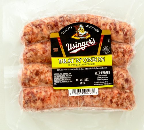 Package of Usinger's Brat N' Onion sausages, featuring four links, labeled and sealed for freshness.