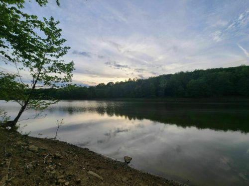 A serene lake scene at dusk, with trees lining the shore and a cloudy sky reflecting on the water's surface.