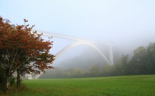 A foggy landscape featuring a large arch bridge in the background, with a tree and green field in the foreground.
