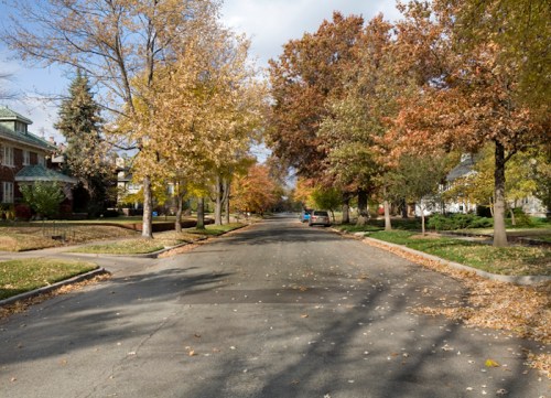 A quiet street lined with trees displaying autumn foliage in shades of orange and yellow, with fallen leaves on the ground.