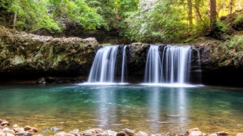 A serene waterfall cascades into a clear pool, surrounded by lush green trees and rocky terrain.