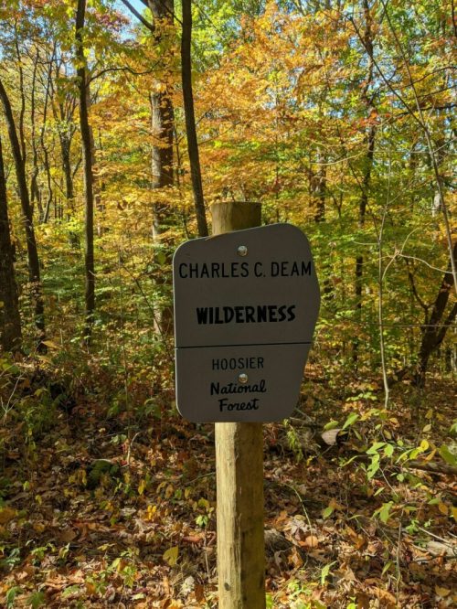 Sign for Charles C. Deam Wilderness in Hoosier National Forest, surrounded by colorful autumn foliage.