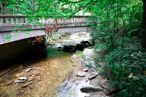 A serene stream flows under a stone bridge, surrounded by lush green trees and rocky banks.