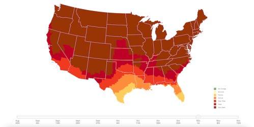 Map of the U.S. showing temperature variations from August to November, with color gradients indicating heat levels.
