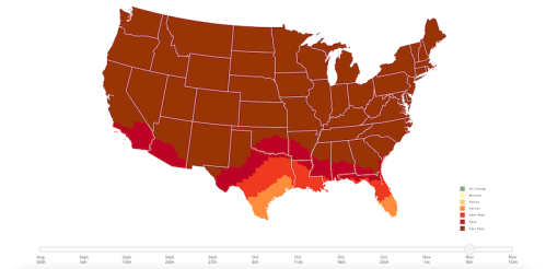 Map of the U.S. showing varying levels of a metric across states, with a color gradient from light to dark brown.
