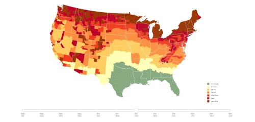 A color-coded map of the U.S. showing varying climate zones, from cold to hot, with a legend for temperature ranges.