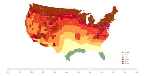 U.S. map showing varying temperature zones across the country, color-coded by seasonal averages from cool to hot.